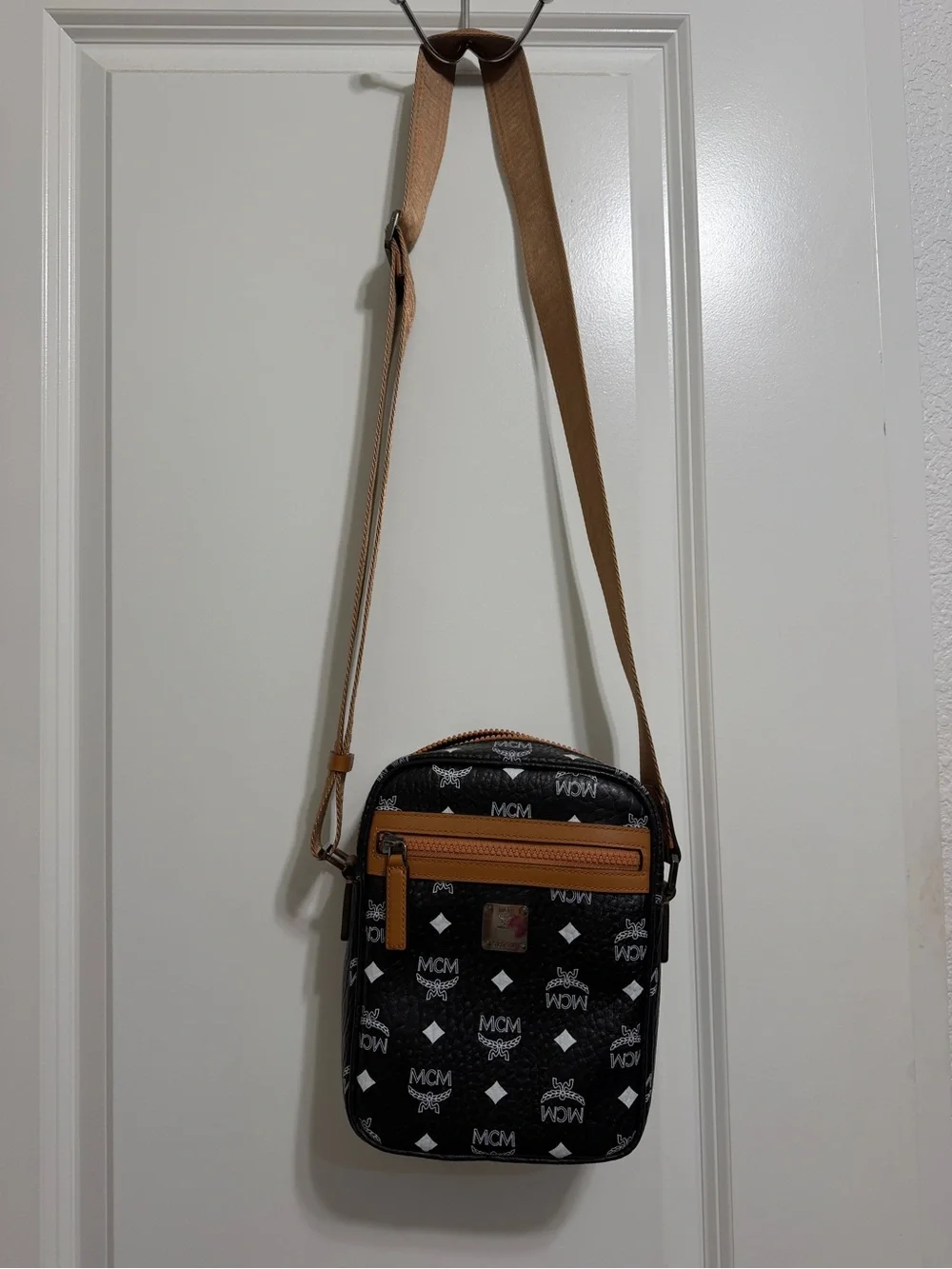 MCM Black Visetos Crossbody with Cognac Trim